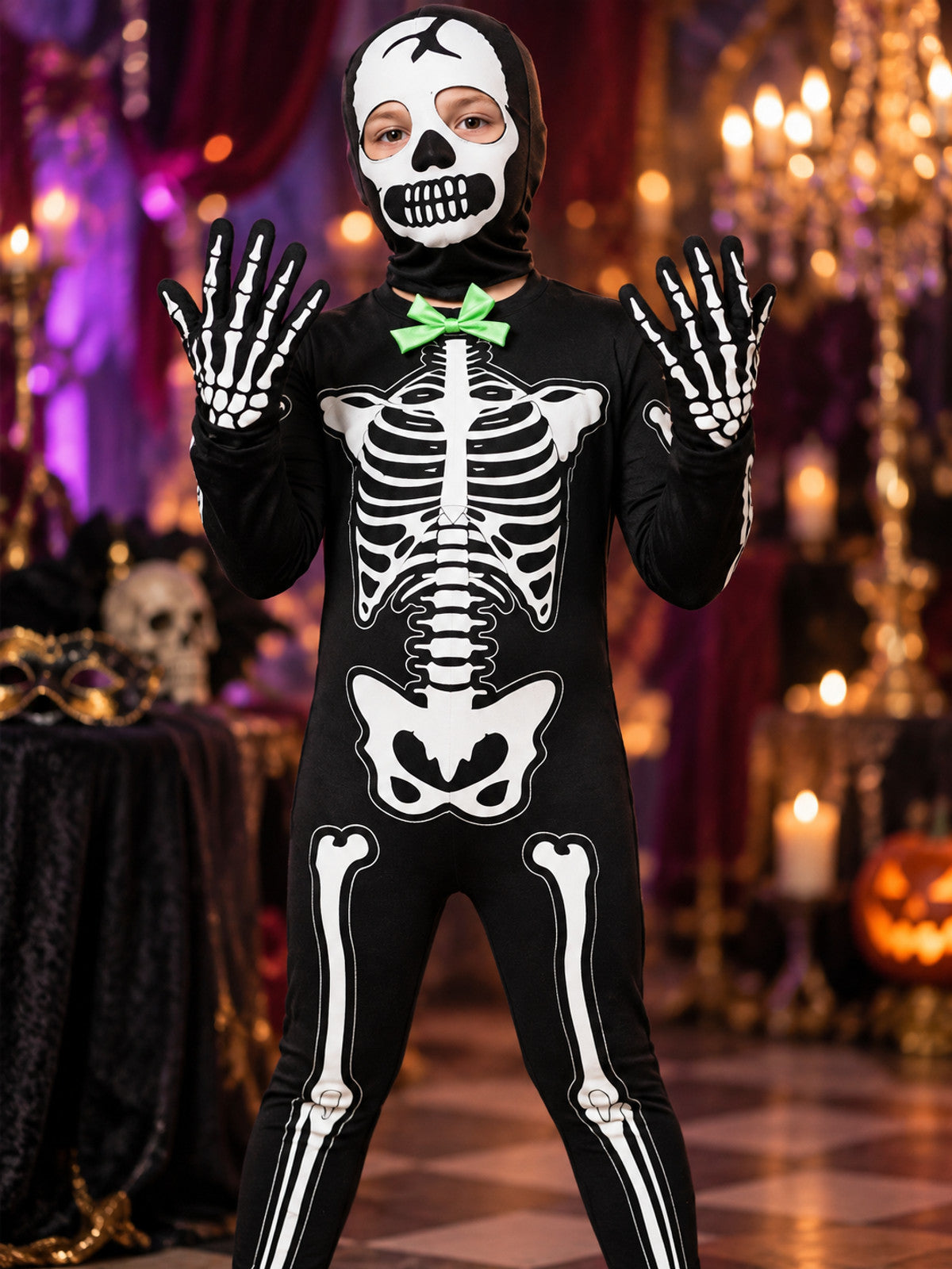 Black Glow-in-the-Dark Skeleton Costume with Skull Mask
