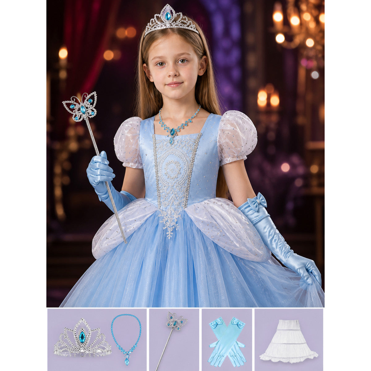 Girls Cinderella Princess Dress Costume Set - Light Blue Sparkly Tulle with