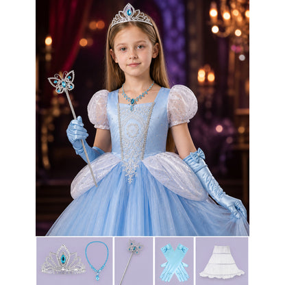 Girls Cinderella Princess Dress Costume Set - Light Blue Sparkly Tulle with