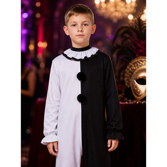 Men's Clown Jumpsuit Halloween Costume with Black and White Ruffle Trim on-model view