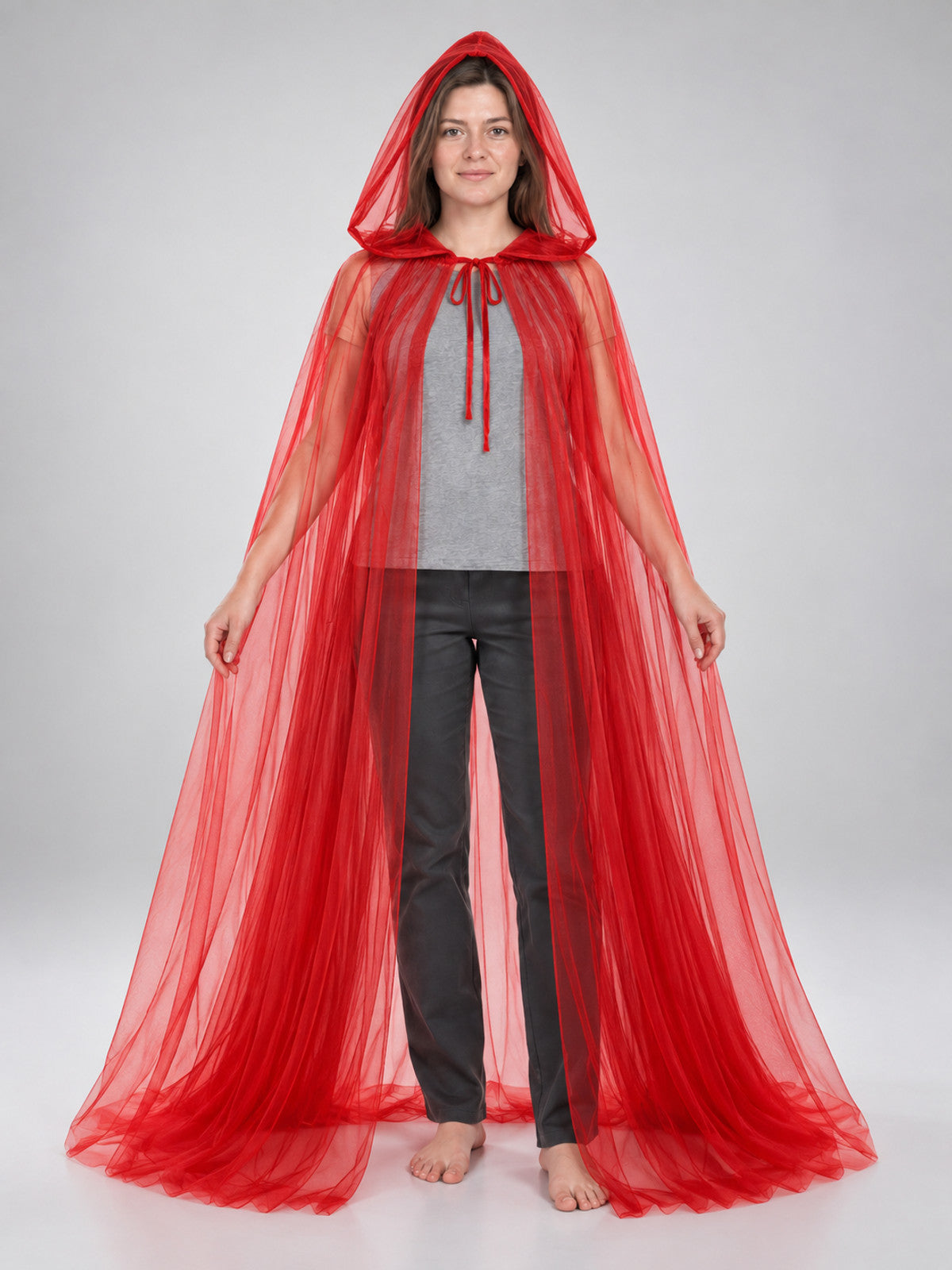Long red sheer mesh hooded cape cloak