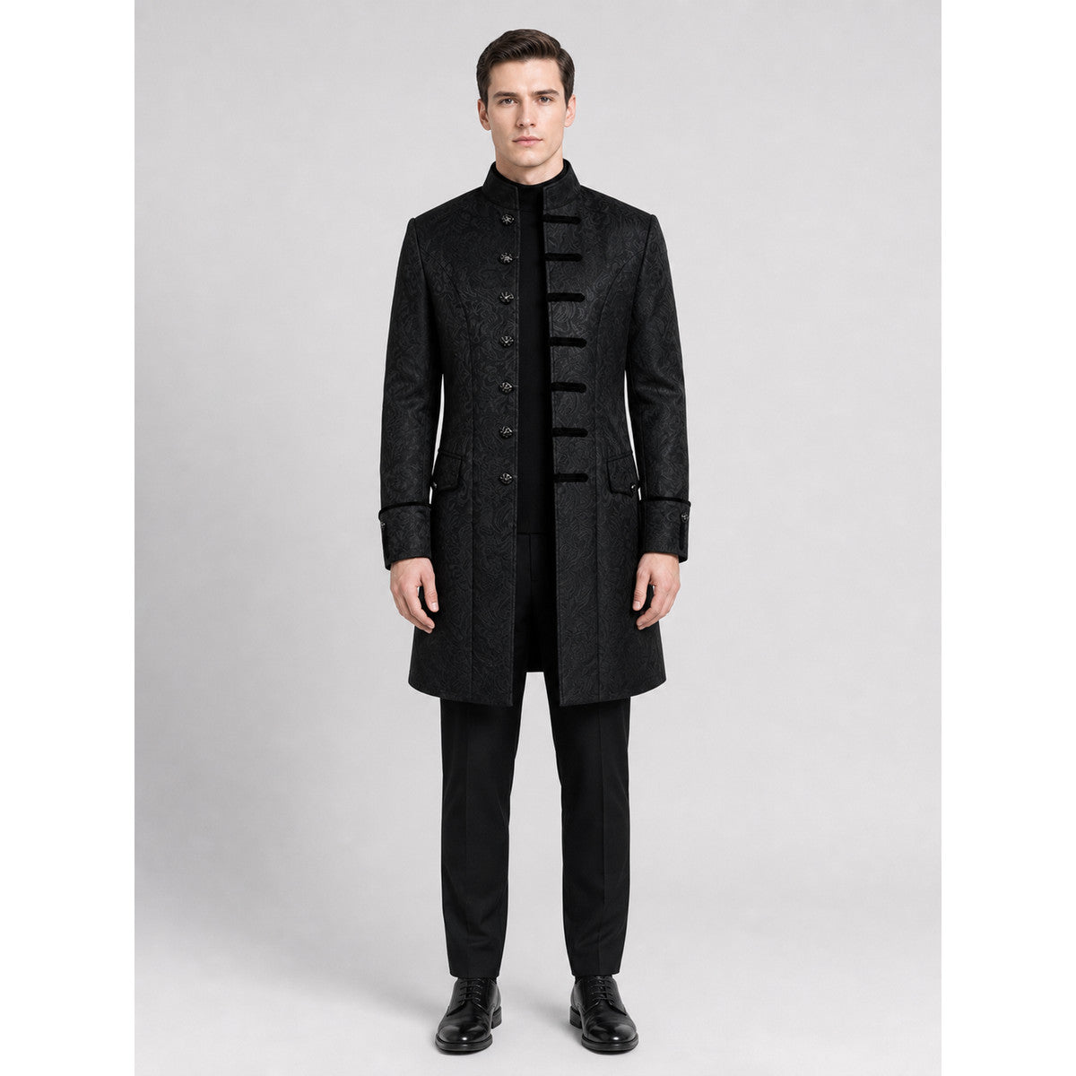 Long Black Jacquard Coat with Stand Collar