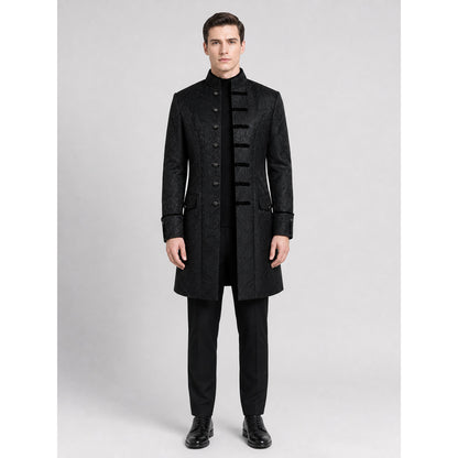 Long Black Jacquard Coat with Stand Collar