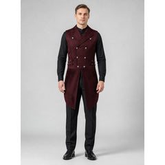 Men's Wine Jacquard Victorian Tailcoat Vest – Double-Breasted Steampunk Costume Vest with Long Tails