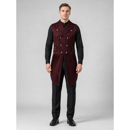 Man wearing the wine jacquard Victorian tailcoat vest over a black shirt and trousers, front view