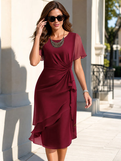 Wine-Colored Dress with an Asymmetrical Ruffle main product view