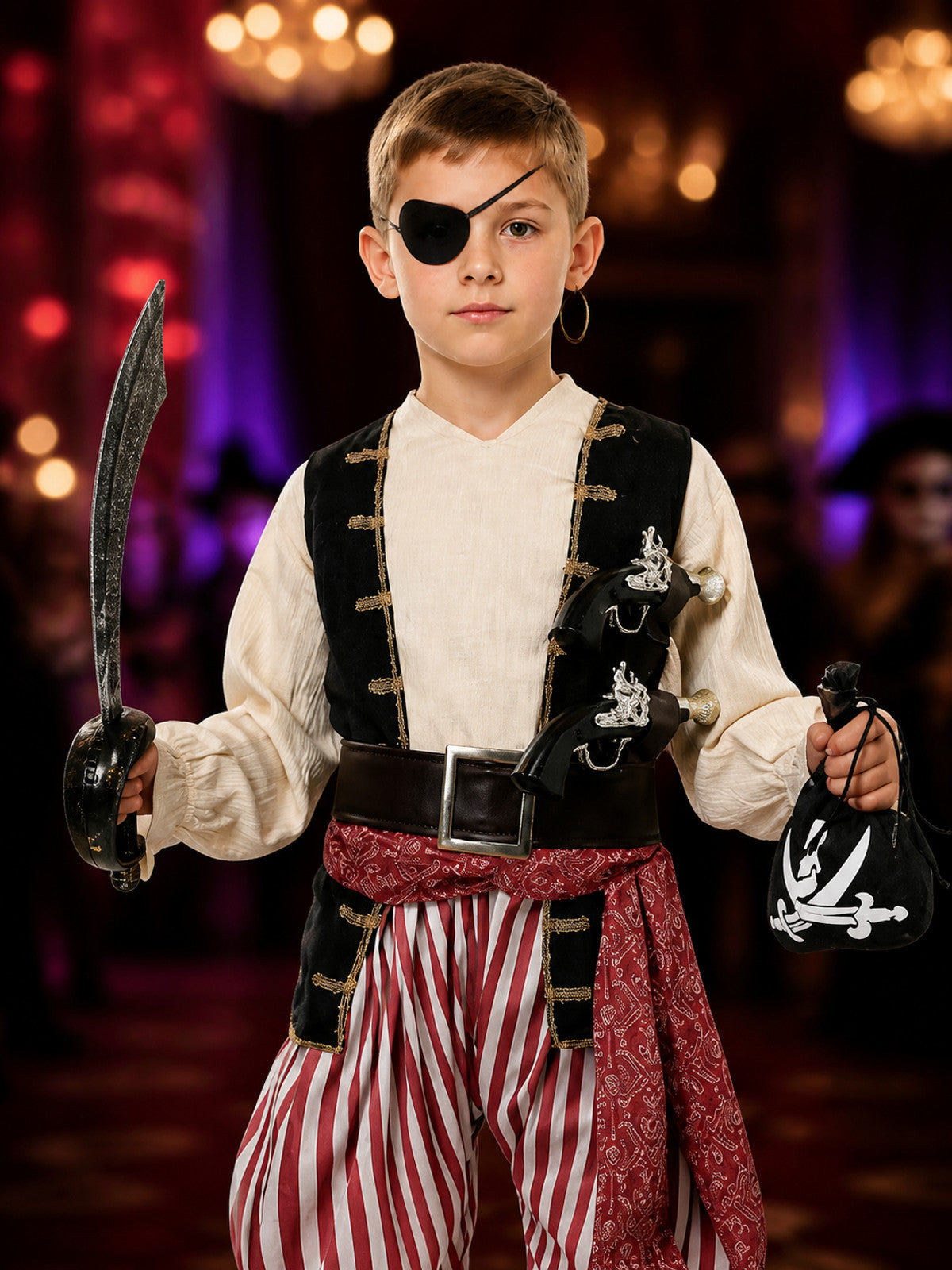 Kids Pirate Costume Set - Red and White Striped Pants, Black Vest, White Shirt on-model view