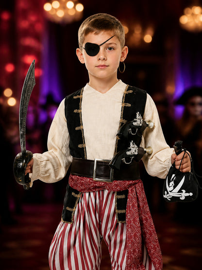 Kids Pirate Costume Set - Red and White Striped Pants, Black Vest, White Shirt on-model view