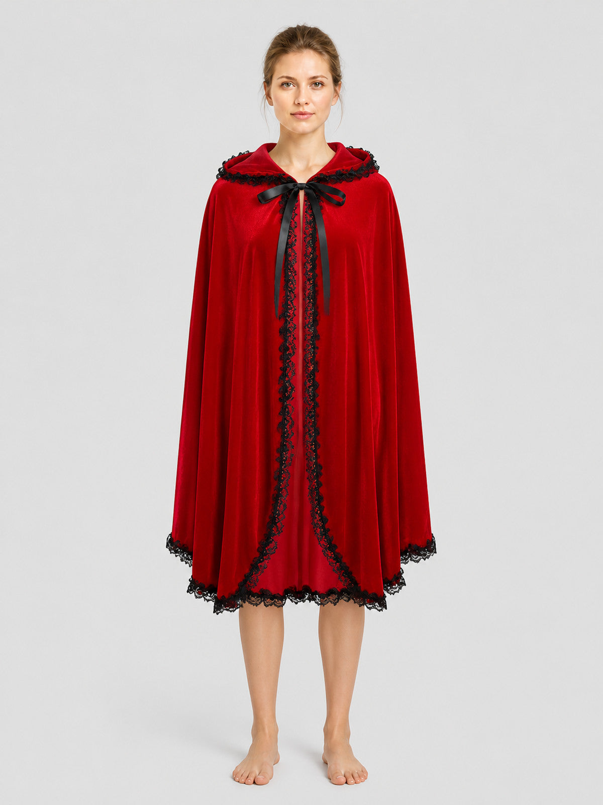 Red Short Lace Hooded Cape for Halloween on-model view