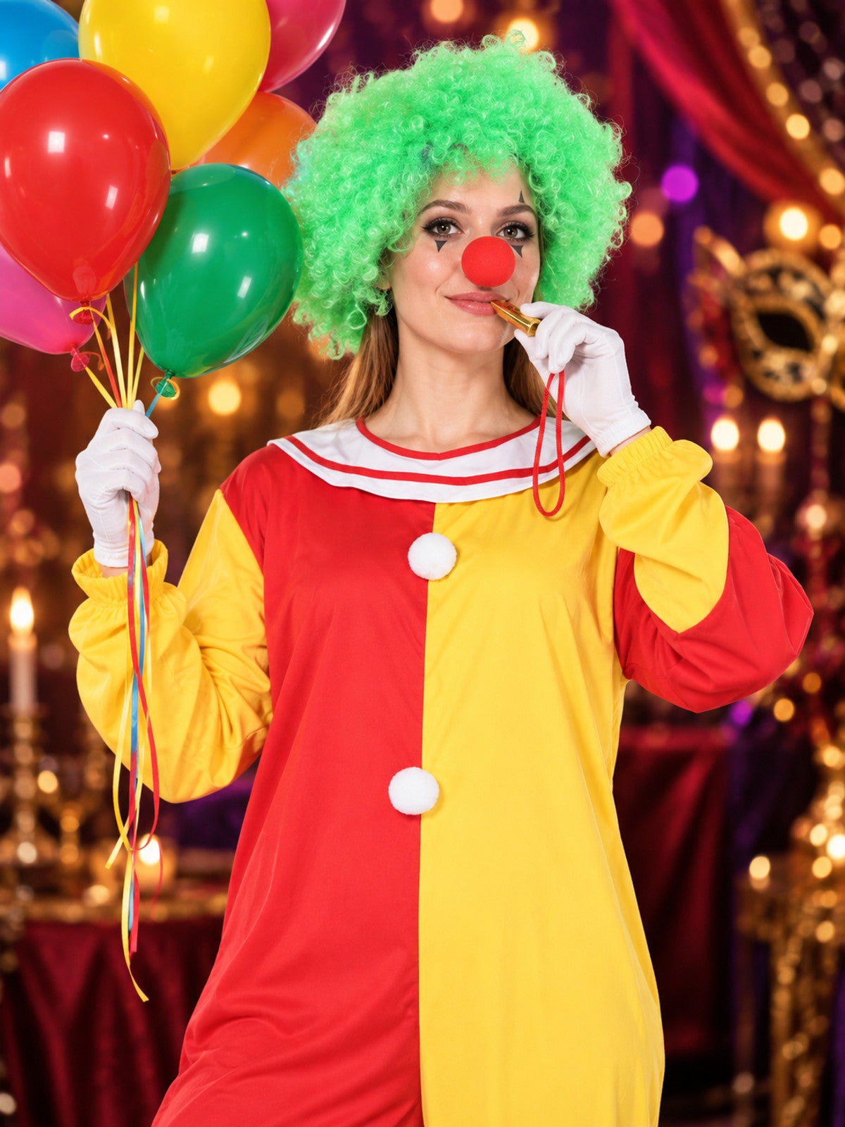 Adult Clown Costume Red and Yellow with Wig and Mask