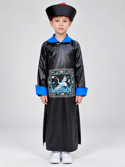 Kid wearing black Qing Dynasty official robe with blue collar and cuffs, embroidered crane panel and tall black hat, front view