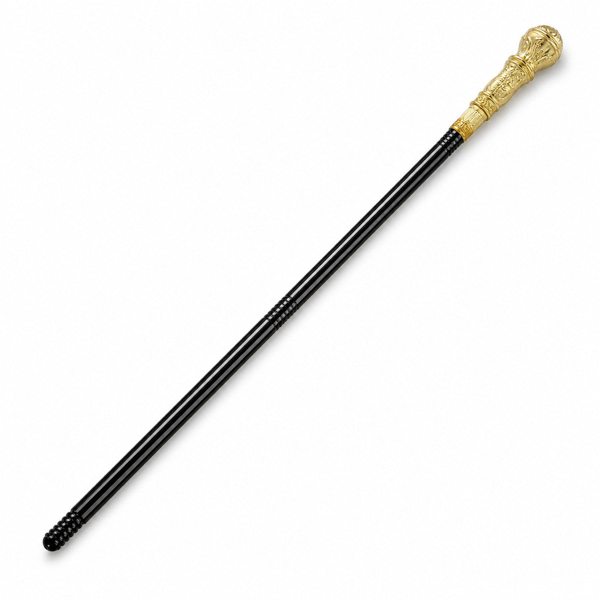 Decorative wand laid diagonally on a white background, with a glossy black shaft and ornate gold-tone carved handle