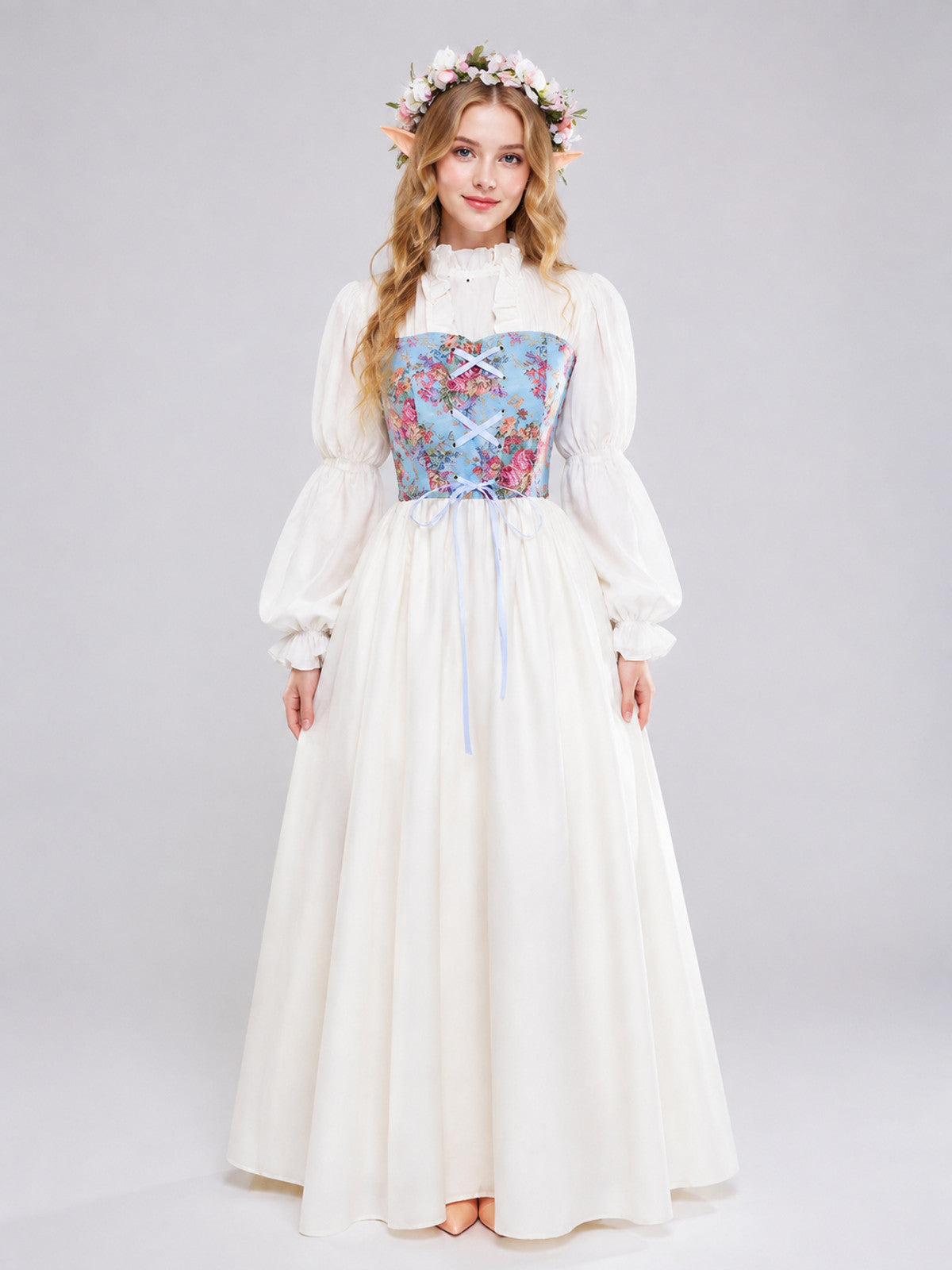 Long White Floor-Length Dress with Corset Lacing on-model view