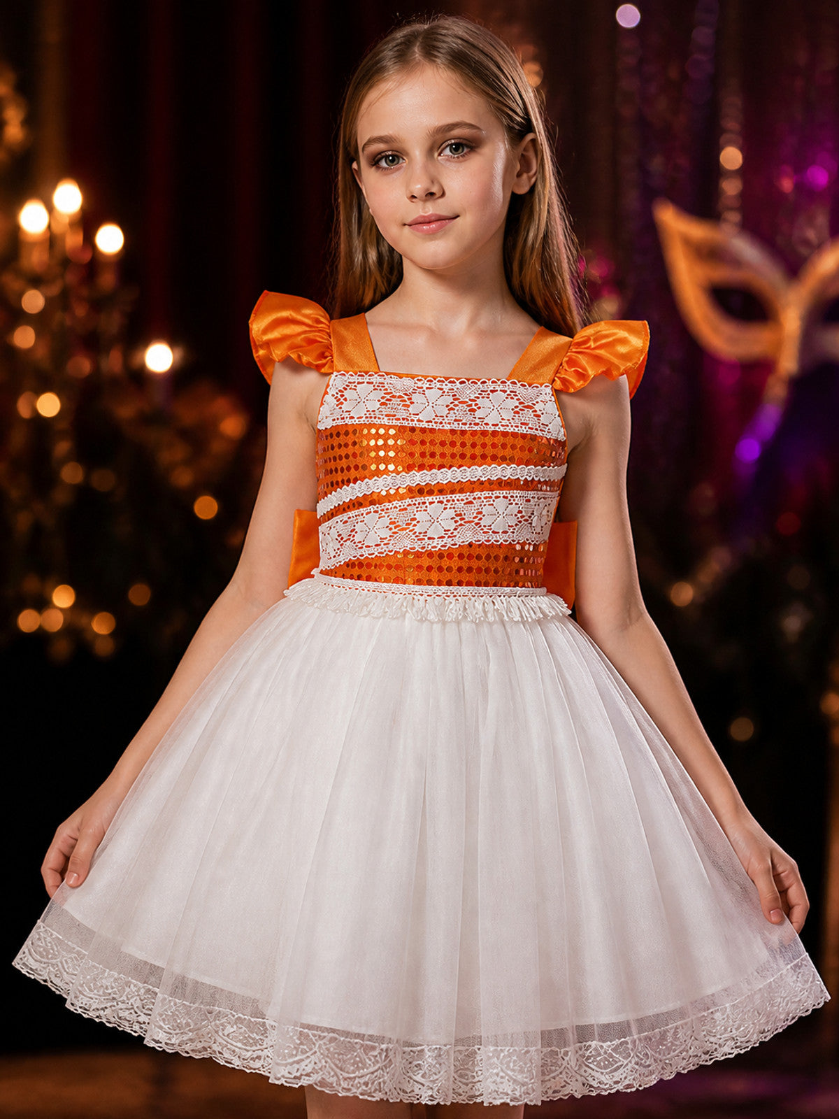Girls' Orange and White Princess Dress with Puff Sleeves and Lace Trim on-model view