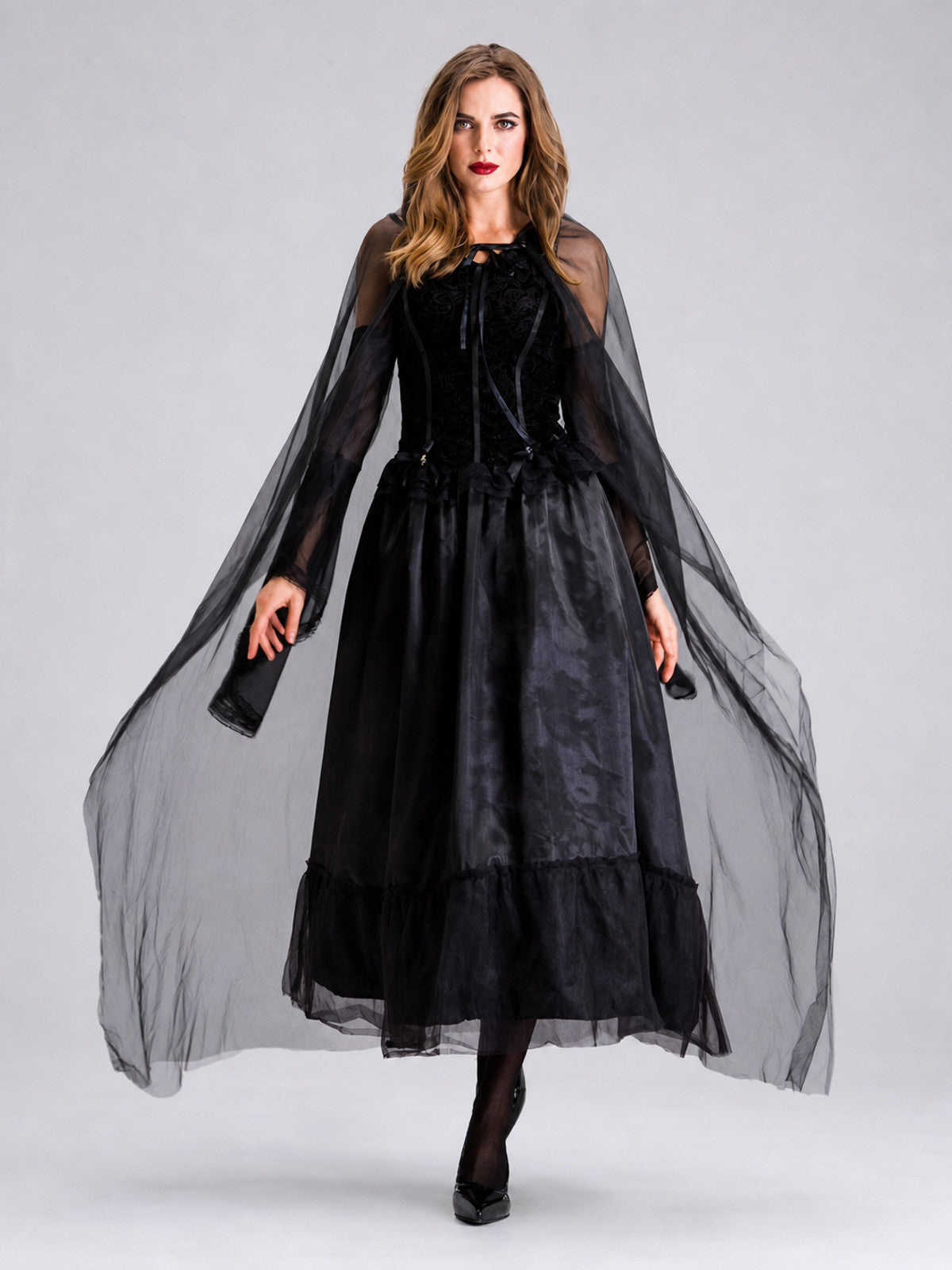 Gothic Black Dress with Cape and Lacing