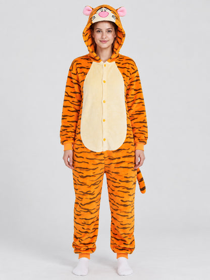 Orange Striped Hooded Pajama Jumpsuit with Ears