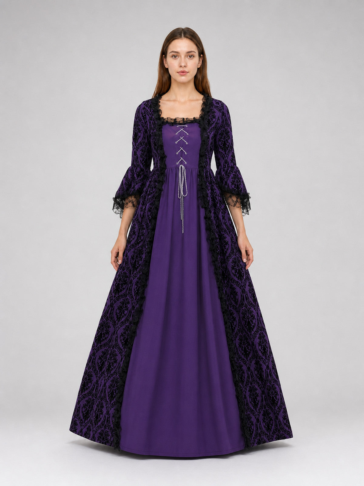 Long Renaissance-Style Dress with Lace Sleeves front view
