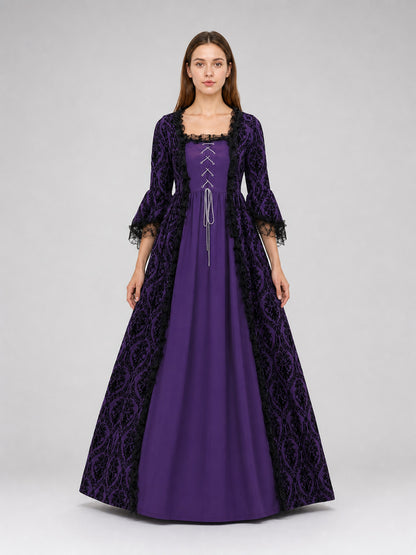 Long Renaissance-Style Dress with Lace Sleeves front view