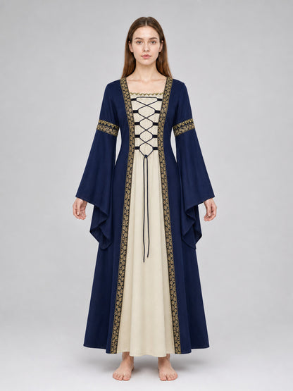 Long Medieval Dress with Flared Sleeves front view