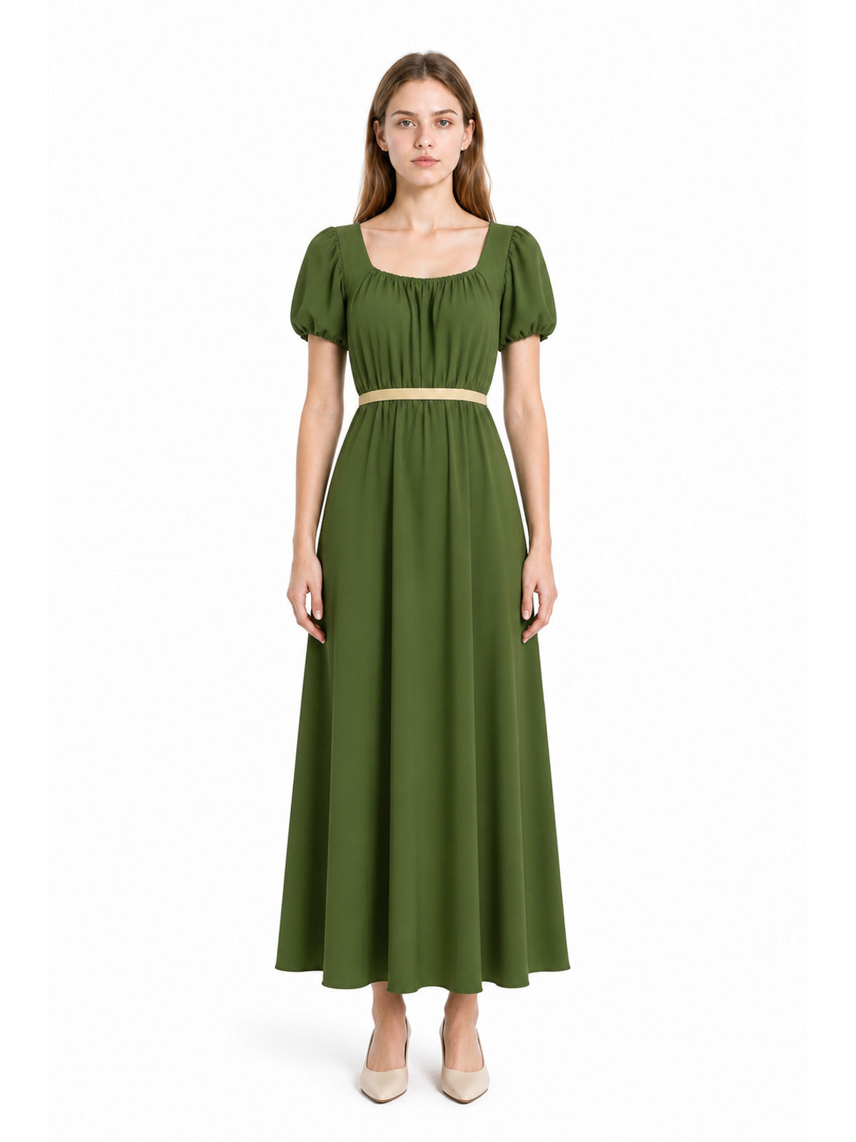 Olive Square-Neck Dress with Puff Sleeves main product view