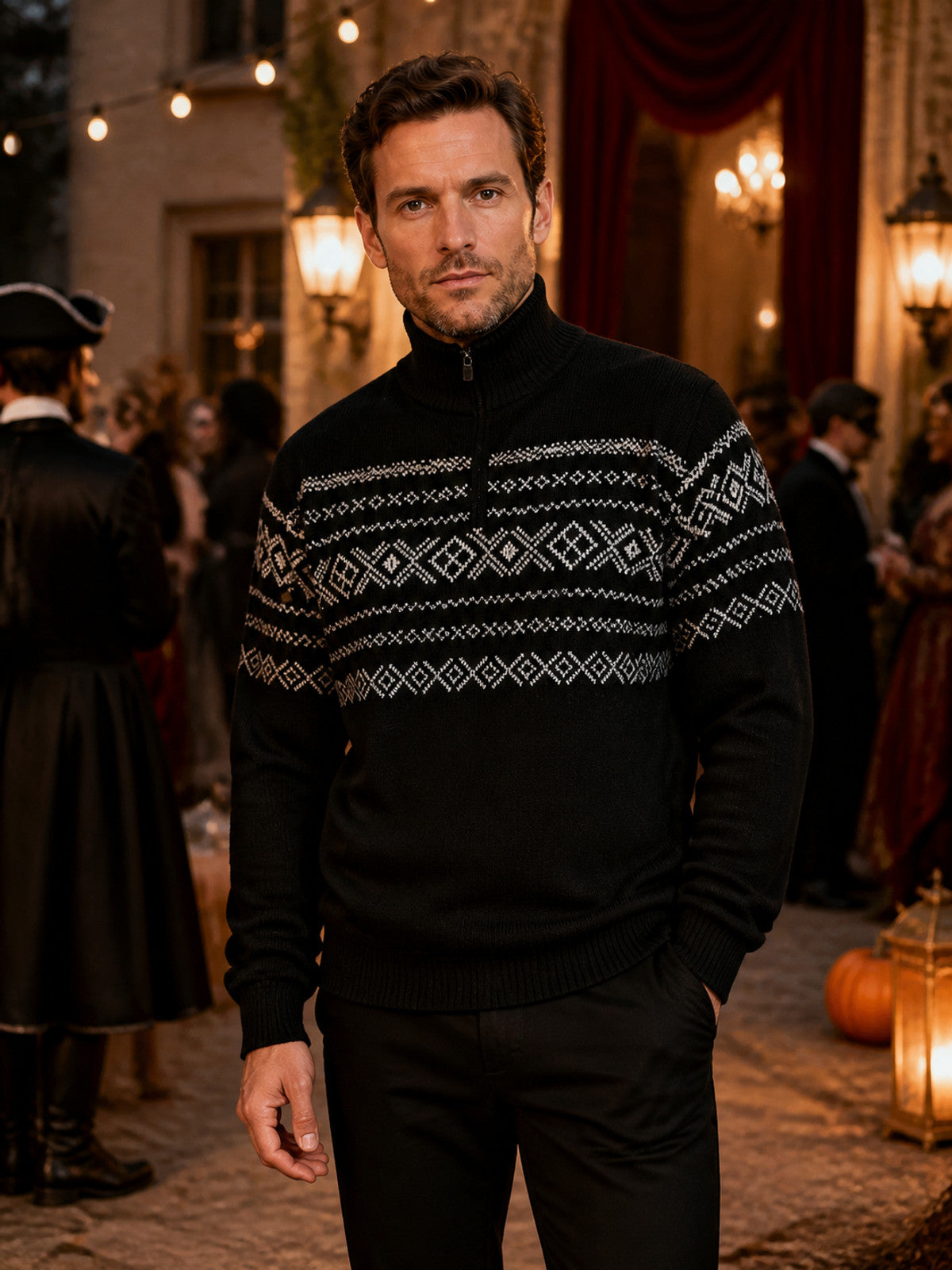 Retro Nordic Black Knit Sweater with Stand Collar, Half-Zip, and White Diamond