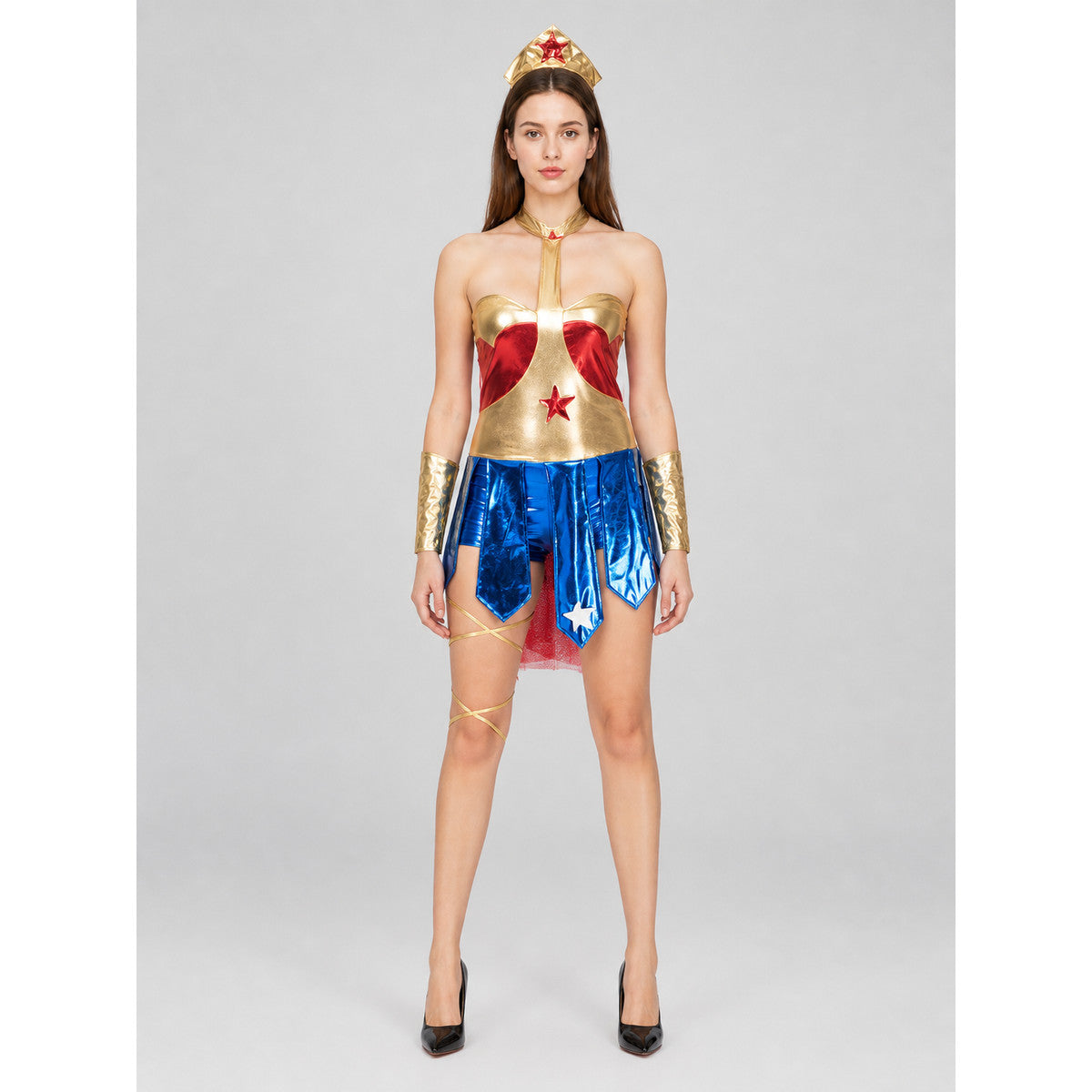 Cosplay Character Costume, Red, Blue, and Gold on-model view