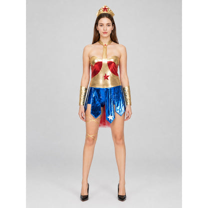 Cosplay Character Costume, Red, Blue, and Gold on-model view