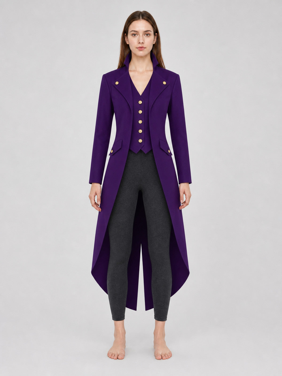 The model is designed as a long tailcoat-style coat with a vintage aesthetic and front view