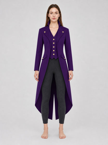 The model is designed as a long tailcoat-style coat with a vintage aesthetic and front view