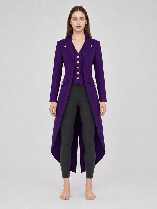 The model is designed as a long tailcoat-style coat with a vintage aesthetic front view