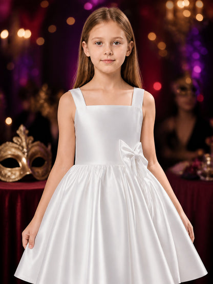 Girls' White Princess Dress with Bow Details, Sleeveless A-Line Formal Dress on-model view