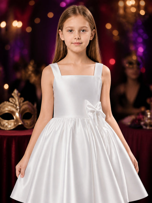 Girls' White Princess Dress with Bow Details, Sleeveless A-Line Formal Dress on-model view
