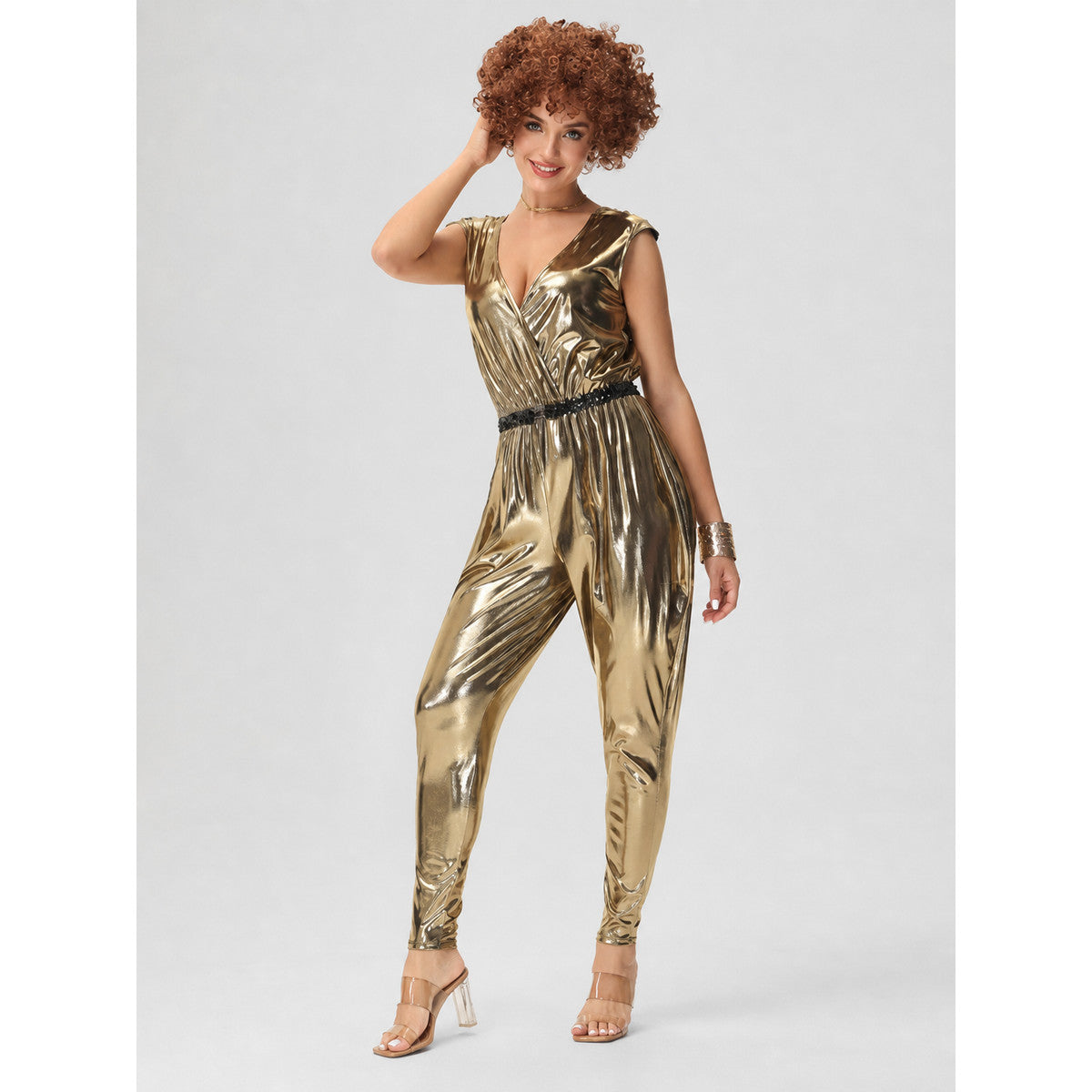 Disco jumpsuit with a deep neckline and open back