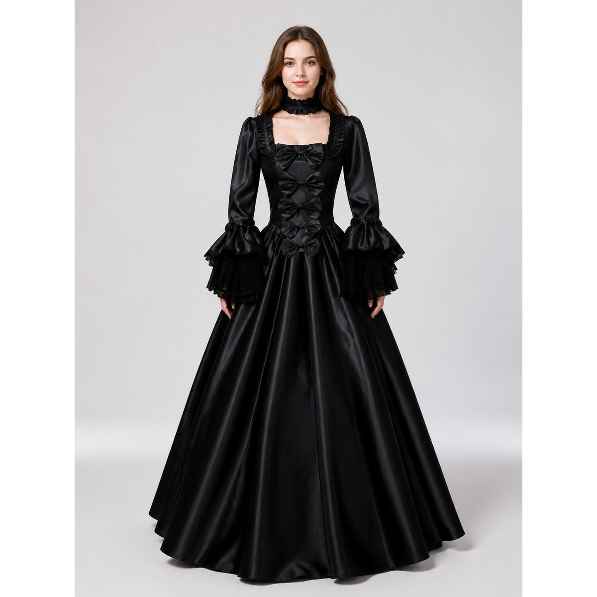 Gothic-Style Dress with Ruffles and Bows