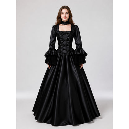 Gothic-Style Dress with Ruffles and Bows