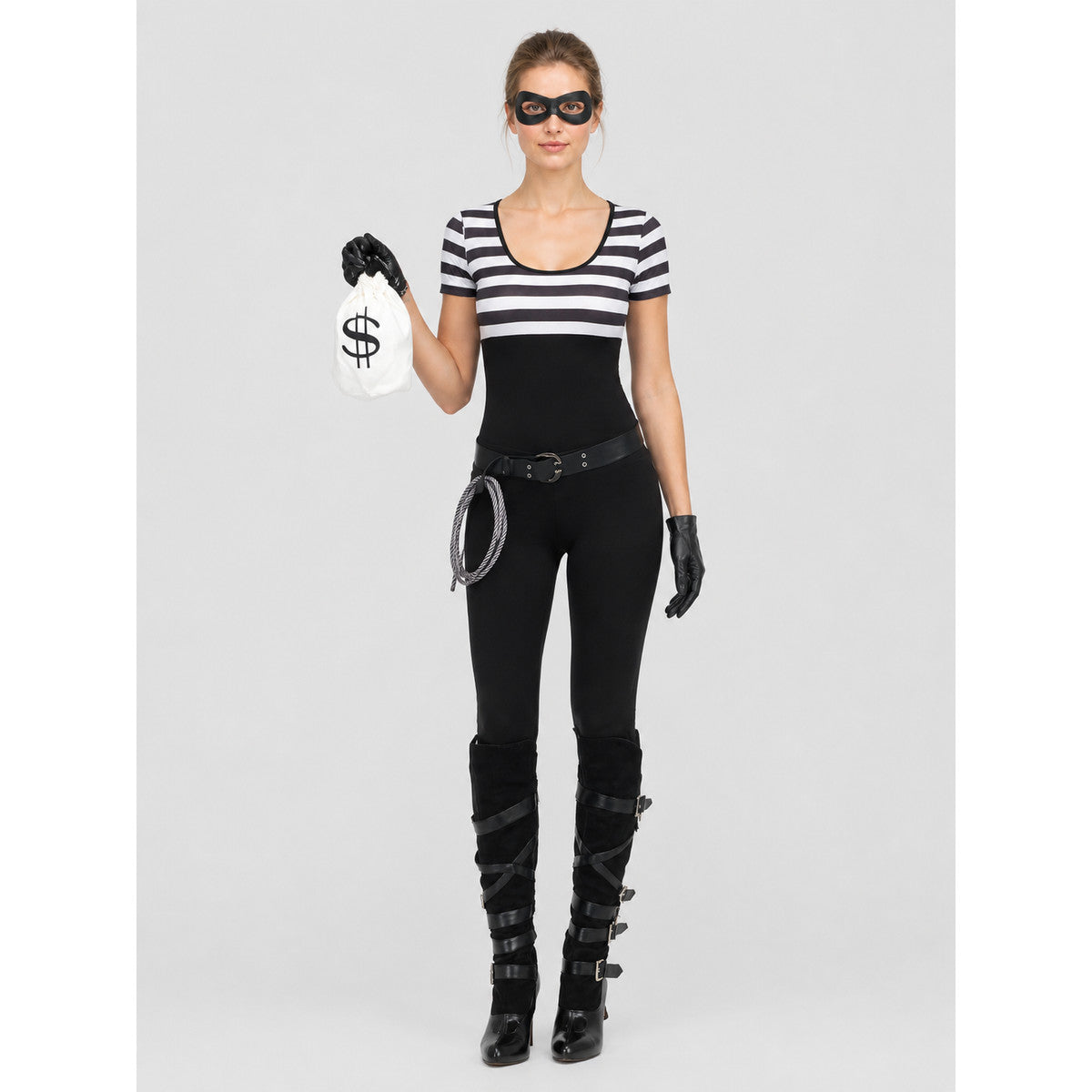 Striped Short-Sleeve Jumpsuit with Belt on-model view