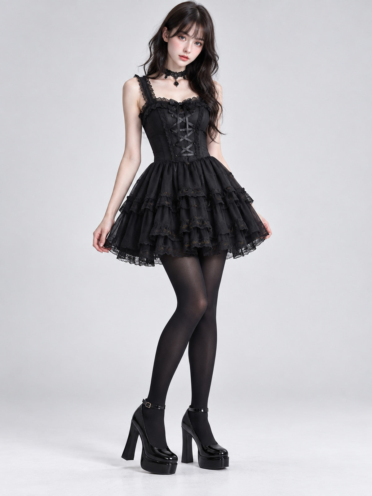 Black Platform Shoes with High Heel and Strap
