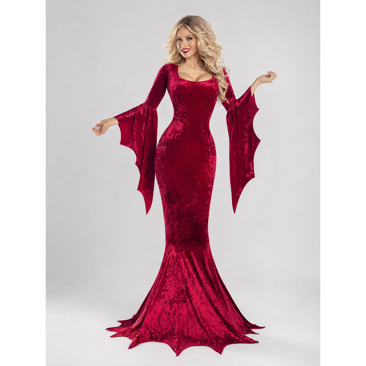 Burgundy dress presented in a gothic style, suitable for a Halloween look, masquerade, or themed performance. The dress is made in a rich dark red burgundy shade. The upper part has a fitted silhouette, while the lower part gradually flares