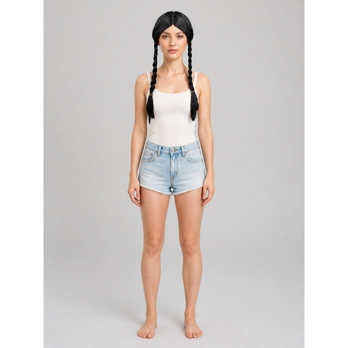 Black Wig with Two Braids, Wednesday Cosplay on-model view