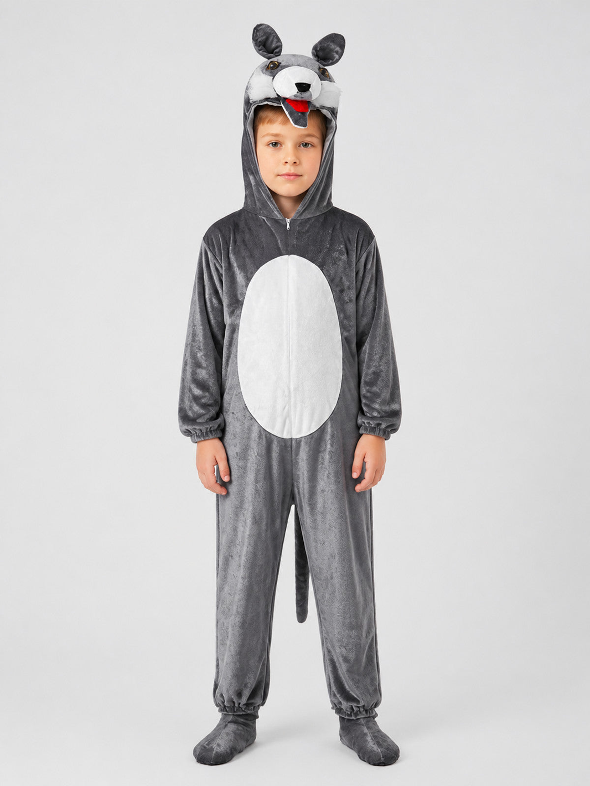 Gray Wolf Costume, Hooded Jumpsuit with Tail on-model view