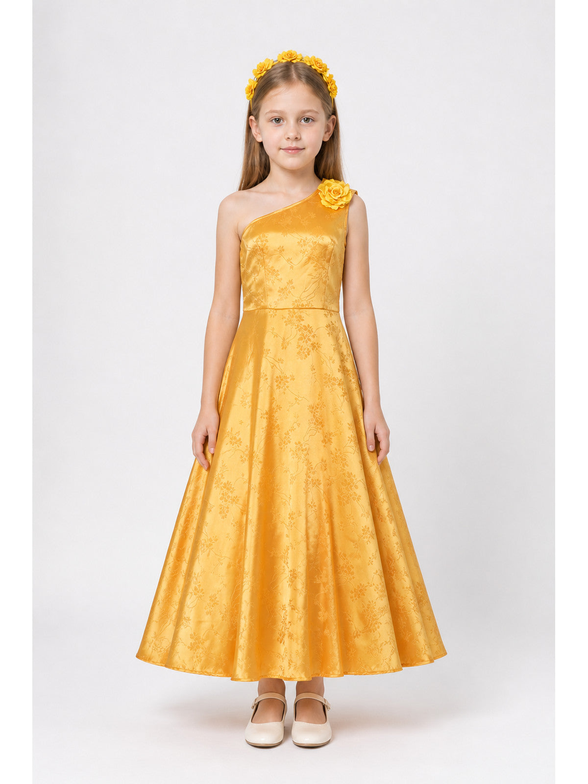 Children’s Gold Performance Dress with Floral Details main product view