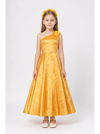 Children’s Gold Performance Dress with Floral Details main product view
