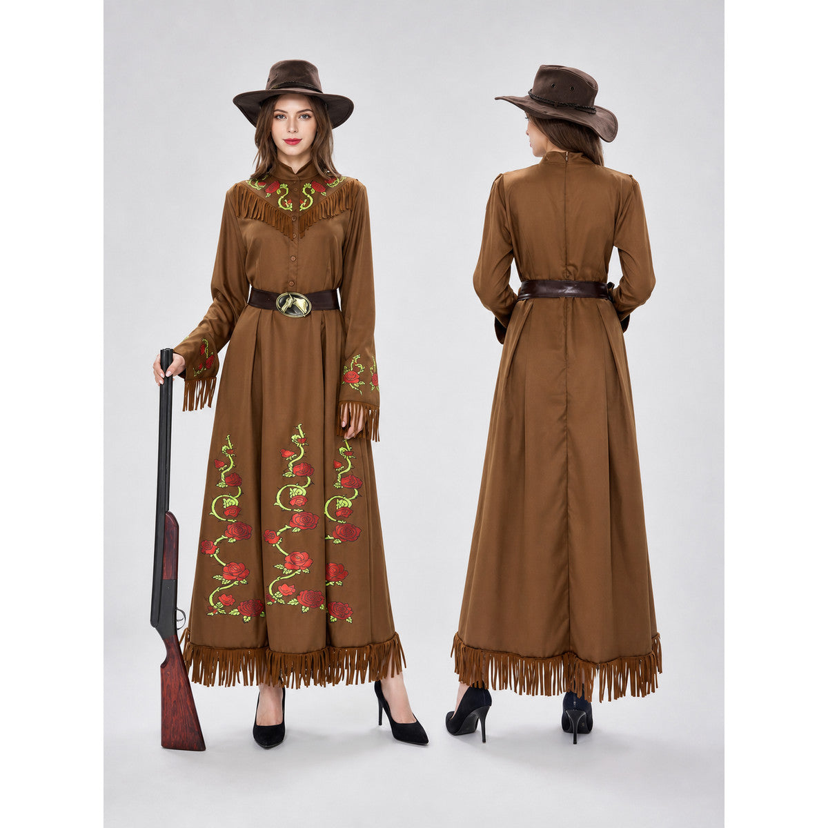 Western-style carnival dress with hat on-model view