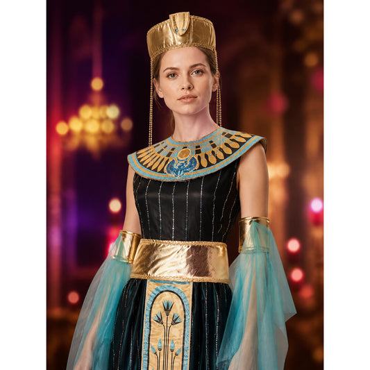 Women's Egyptian Cleopatra Halloween Costume Set, Sequin Dress with Fan Collar on-model view