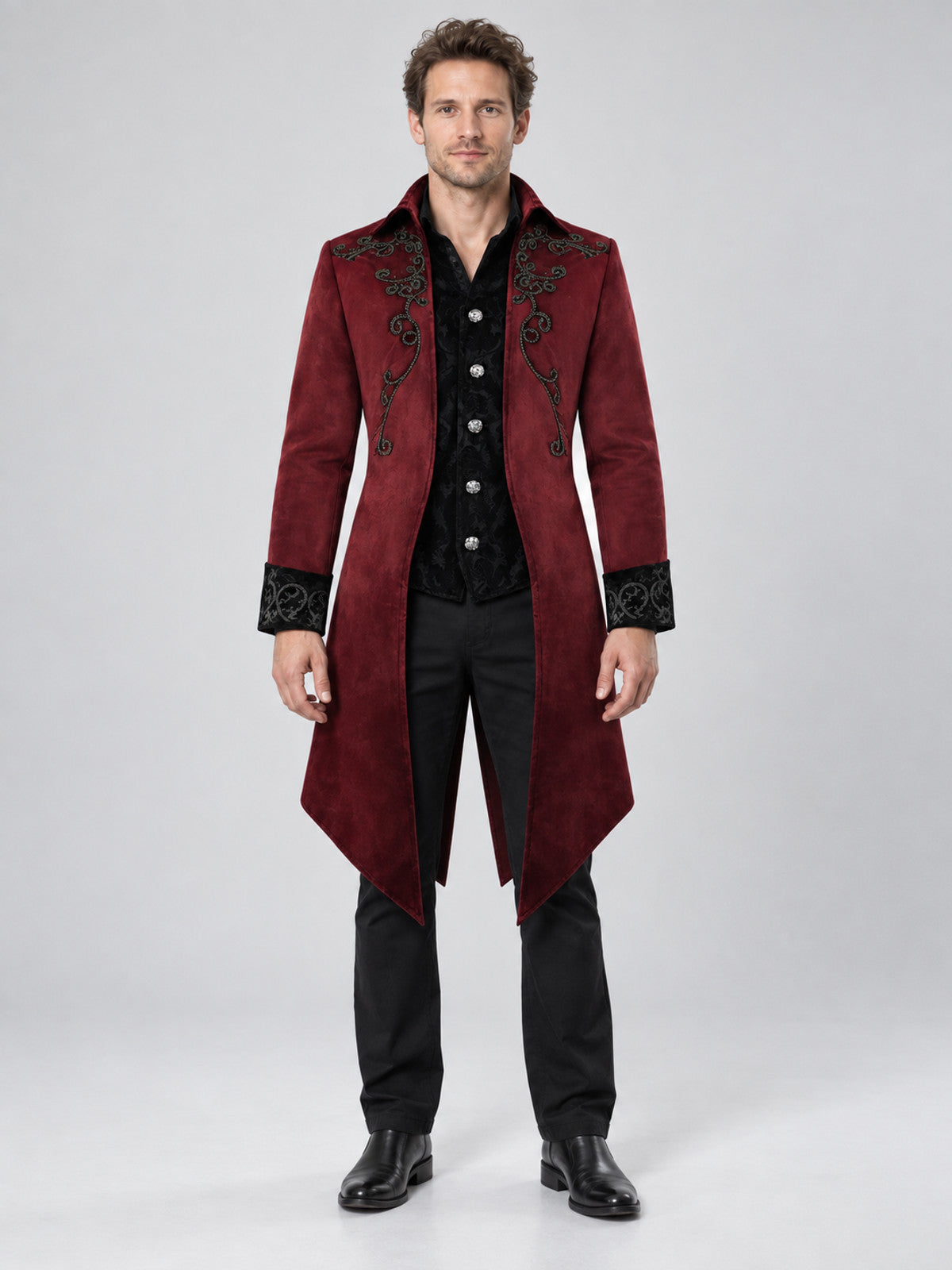 Burgundy Suede Tailcoat with Black Embroidery
