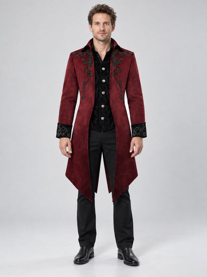 Burgundy Suede Tailcoat with Black Embroidery