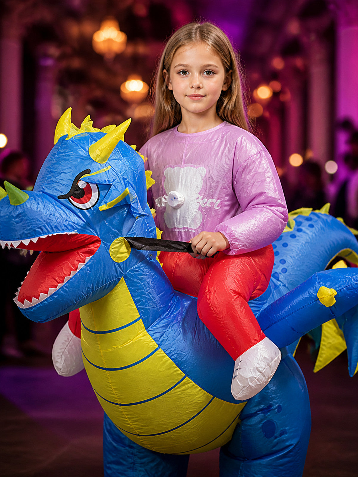 Blue Riding Dinosaur Inflatable Costume with Yellow Spikes, Halloween Funny on-model view