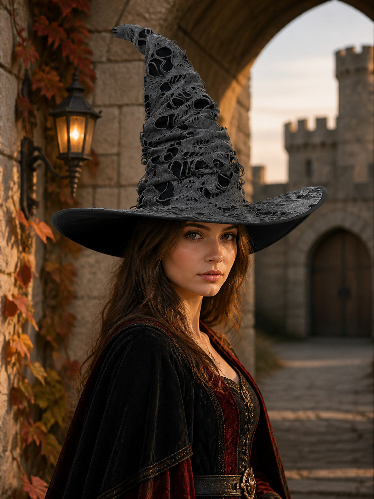 Gray Black Halloween Witch Hat For Women Wide Brim Curved Pointed Tattered Torn