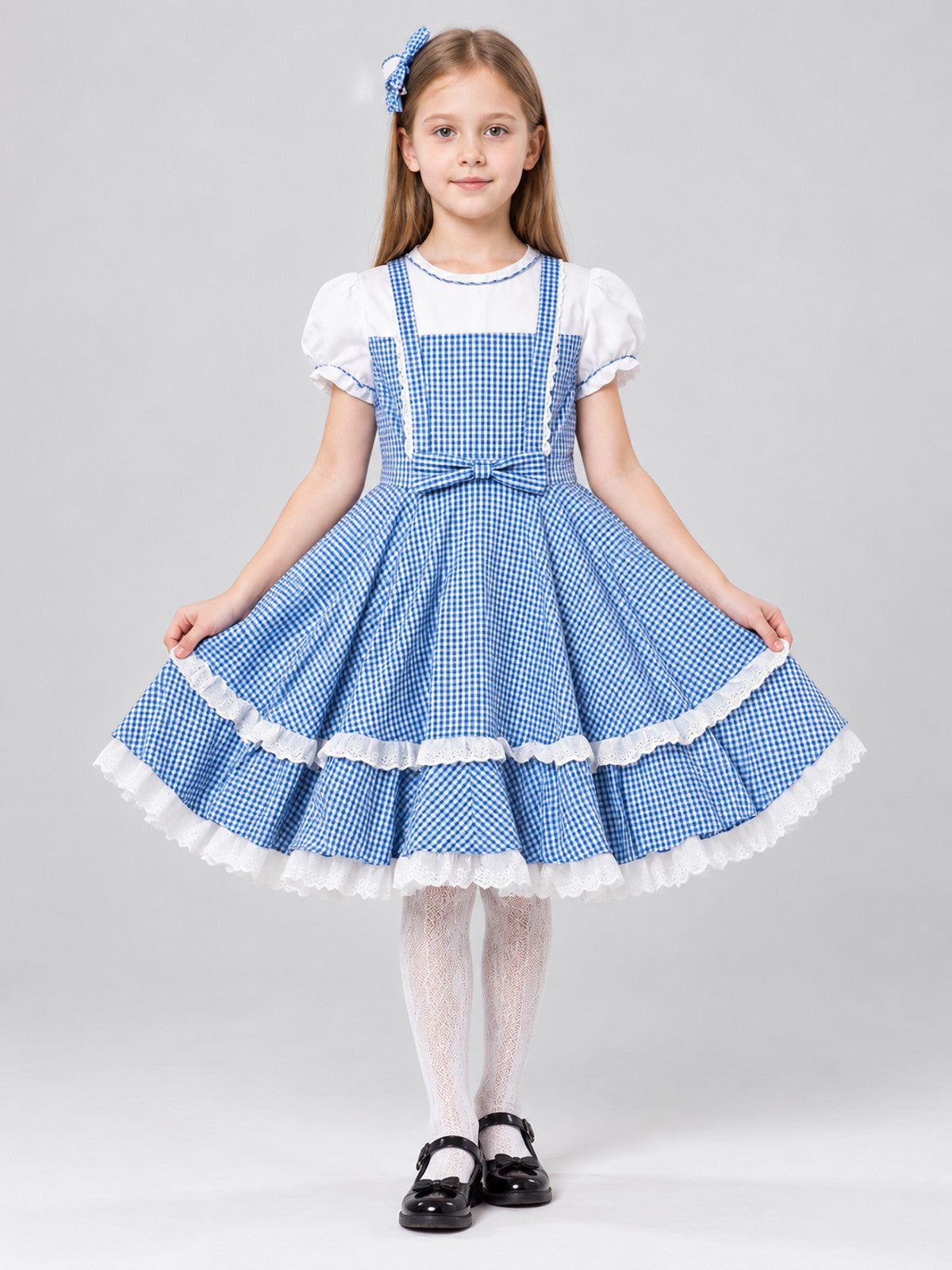 Blue and White Plaid Cosplay Dress with Bow and Headband
