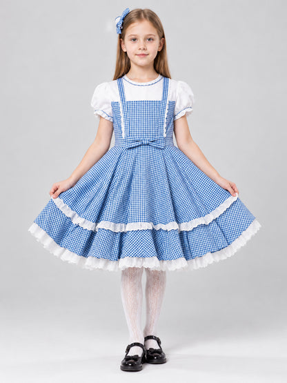 Blue and White Plaid Cosplay Dress with Bow and Headband